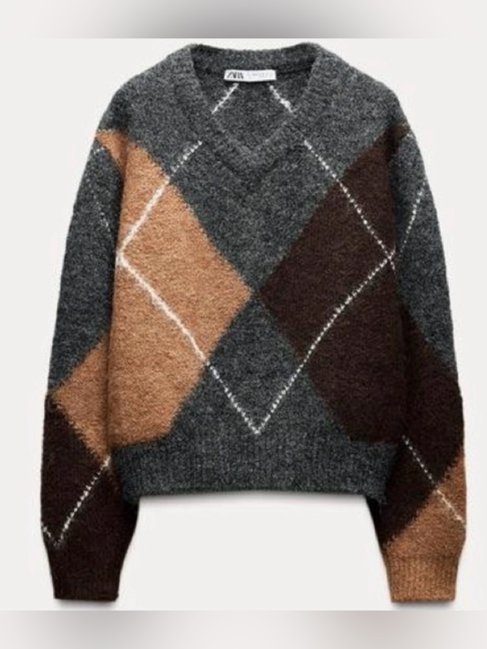 Zara Brown and Grey V-neck Argyle Sweater Size Small